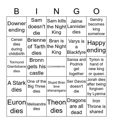Game of Thrones Season 8 Bingo Card