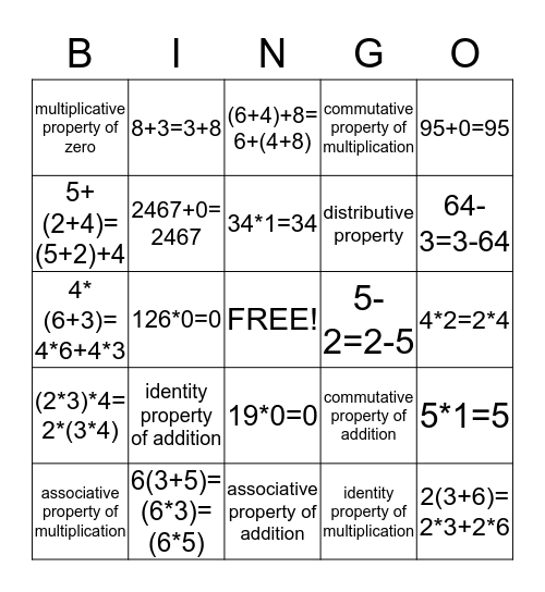 Math Property Bingo Card