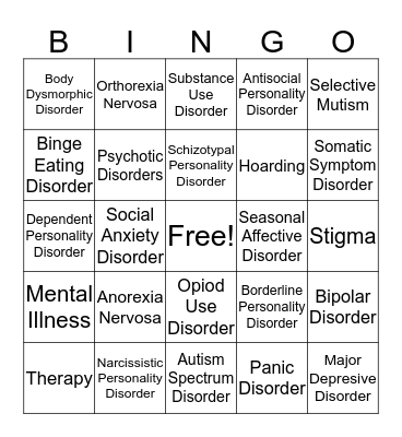 Mental Health Bingo Card