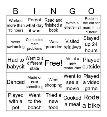 For Spring Break I... Bingo Card