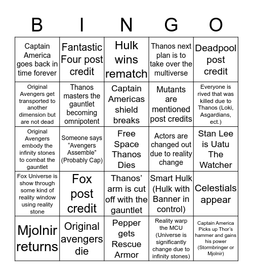 Endgame Bingo Card