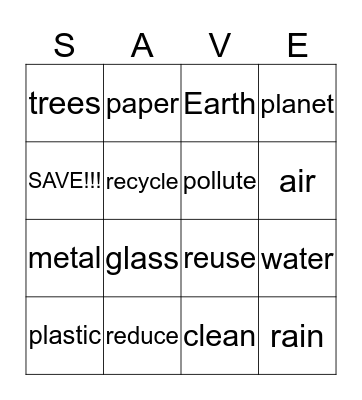 SAVE the Earth Game Bingo Card