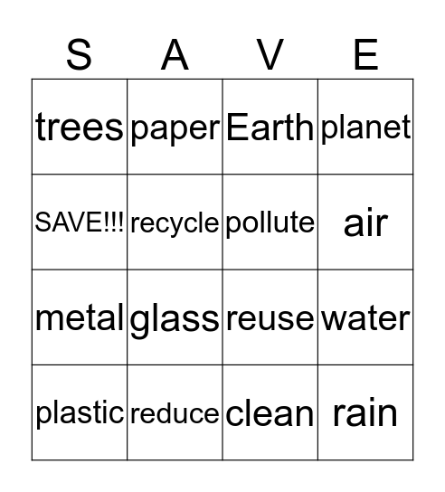 SAVE the Earth Game Bingo Card