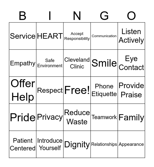 Patient Experience BINGO! Bingo Card