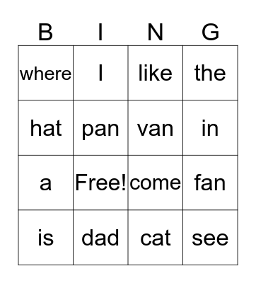 CVC and Sight Words 1 Bingo Card