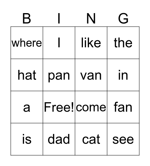 CVC and Sight Words 1 Bingo Card
