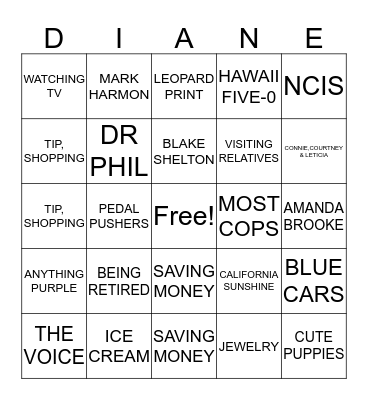 DI'S FAVORITE THINGS Bingo Card