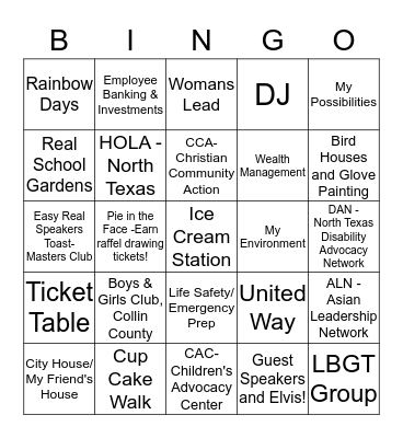 "Throw a pie & get a raffle ticket for the Dallas Cowboy Tickets drawing" Bingo Card