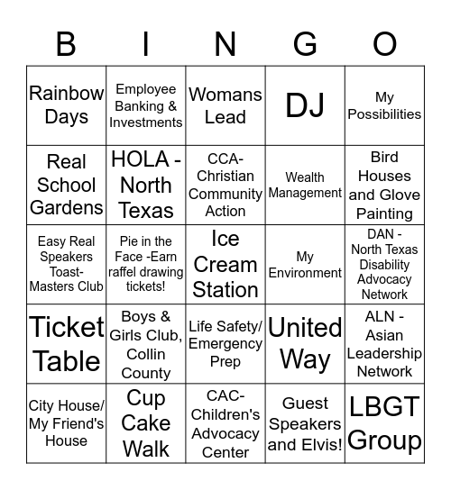 "Throw a pie & get a raffle ticket for the Dallas Cowboy Tickets drawing" Bingo Card