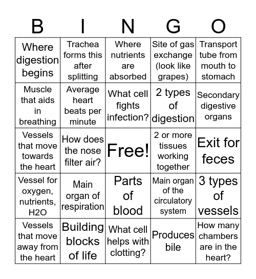 Human Body Systems I Review Bingo Card