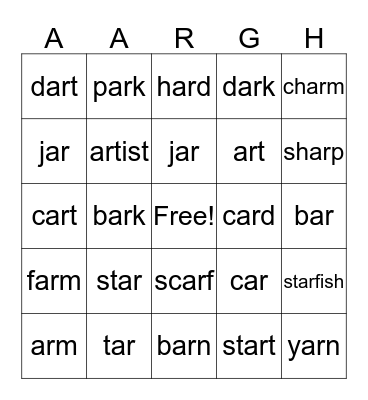 AARGH Bingo Card