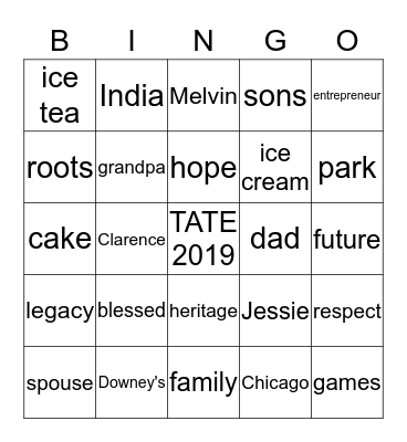 TATE FAMILY REUNION Bingo Card