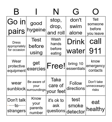 Personal Safety Bingo Card