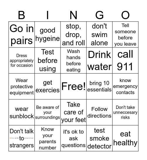 Personal Safety Bingo Card