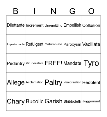 Unit 9 Vocabulary Bingo Card