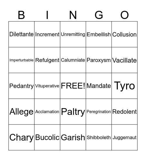 Unit 9 Vocabulary Bingo Card