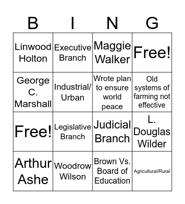 20th and 21st Century Review Bingo Card