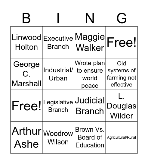 20th and 21st Century Review Bingo Card