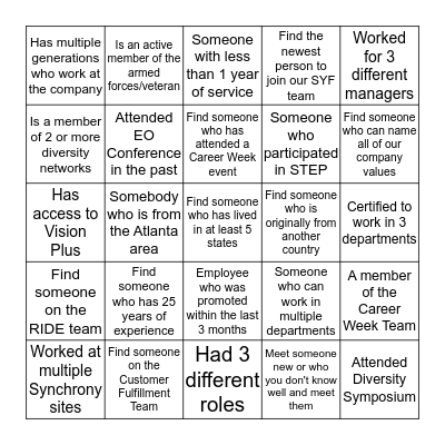 Synchrony Career Week Bingo Card