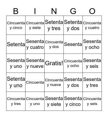 Los numeros 50-75 Bingo Card