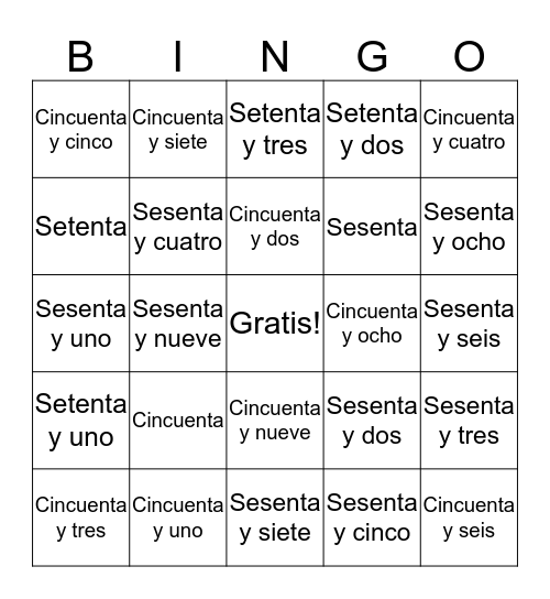 Los numeros 50-75 Bingo Card