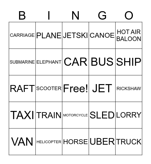 TRANSPORT Bingo Card