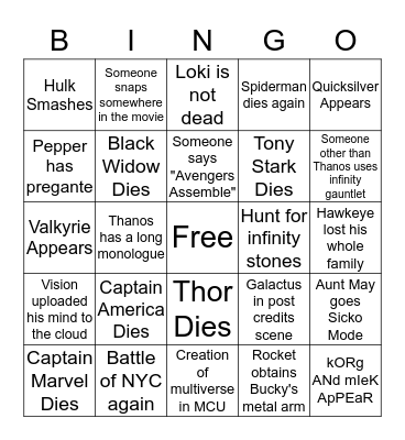 Cameron's Endgame Bingo Card