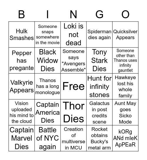 Cameron's Endgame Bingo Card