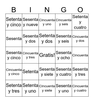 Los numeros 50-75 Bingo Card