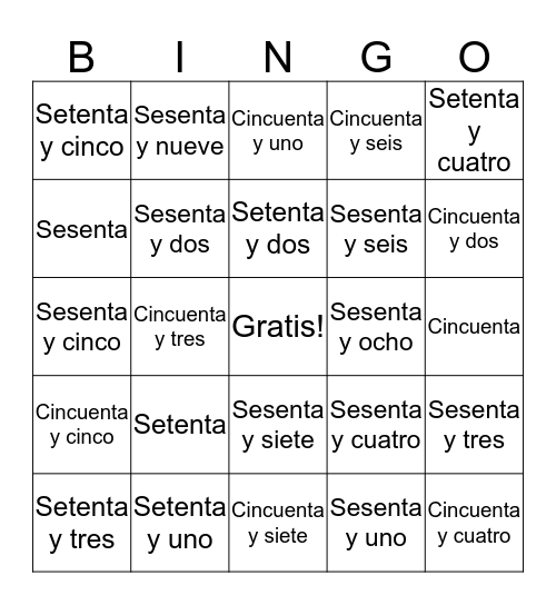 Los numeros 50-75 Bingo Card