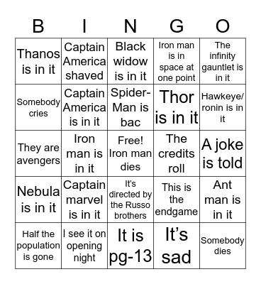 The ultimate endgame card Bingo Card