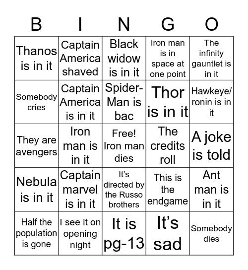 The ultimate endgame card Bingo Card