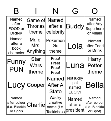 Pet Name Bingo Card
