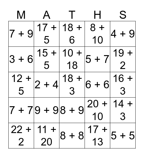Solve the Equations!  Bingo Card