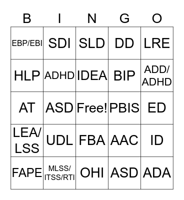 Special Education Acronyms BINGO Card