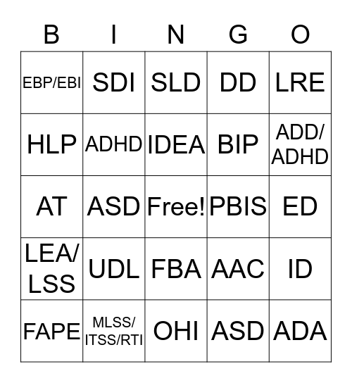 Special Education Acronyms BINGO Card