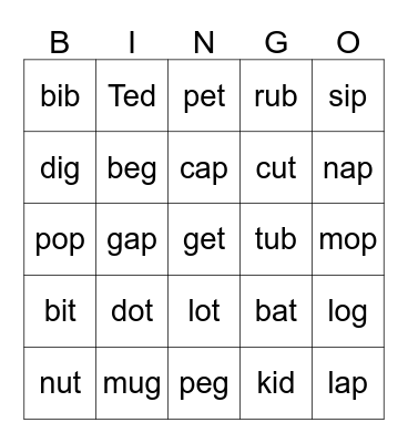 Short Vowels Bingo Card