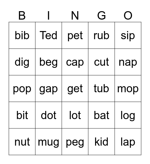 Short Vowels Bingo Card