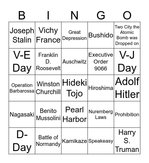 World War II/Cold War  Bingo Card