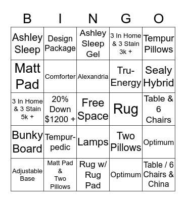 Mattres Category & Add Ons Bingo Card