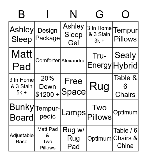 Mattres Category & Add Ons Bingo Card