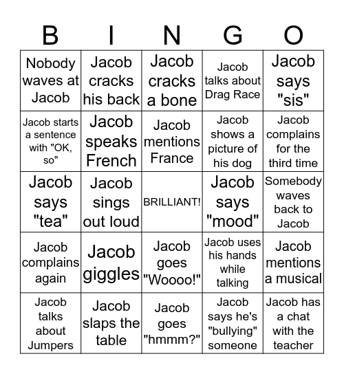 Jacob Mitchell Bingo Card