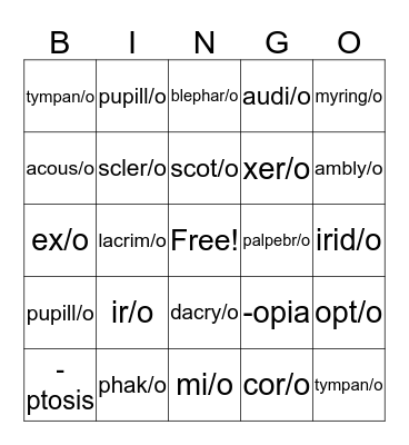 Medical Terminology Chapter 14 Special Senses Bingo Card
