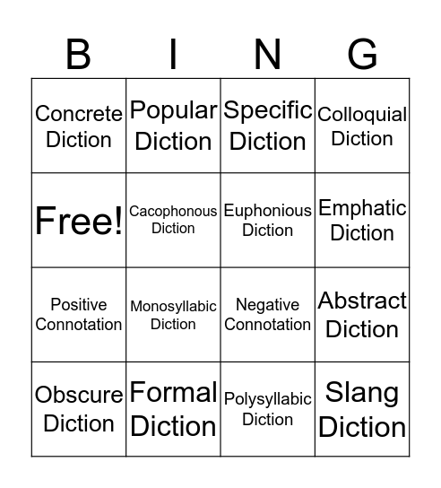 Diction Bingo Card
