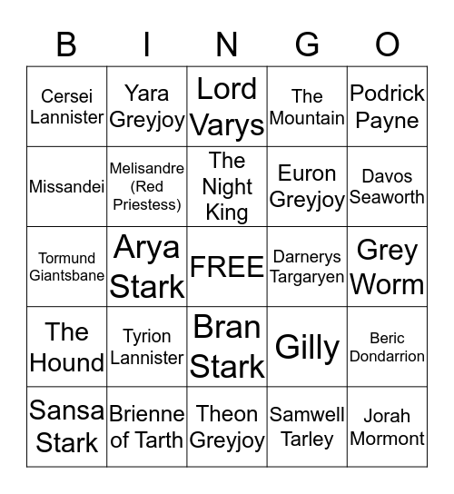 Game of Thrones  Bingo Card