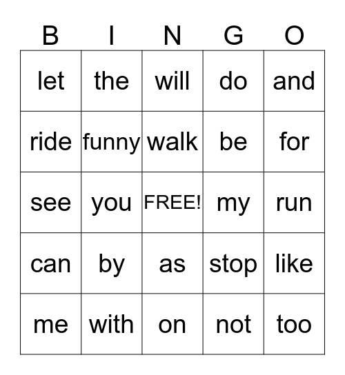 Sight Word Bingo Card