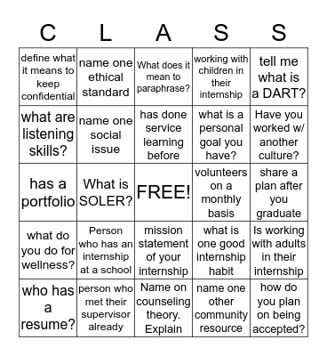 INTERNSHIP  Bingo Card