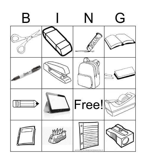 School Supplies Bingo Card