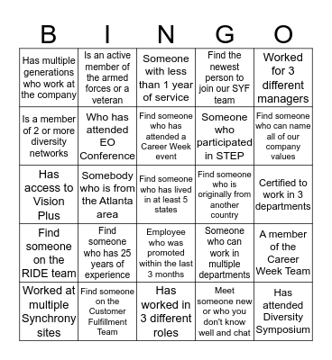 Synchrony Career Week - Get signatures 5 across, down or diagonally to complete the game! Bingo Card