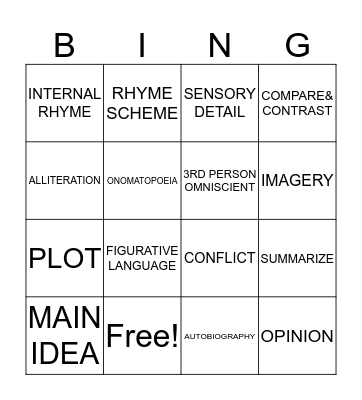 Reading Vocabulary Bingo Card